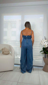 5598 Ruched on side denim jumpsuit