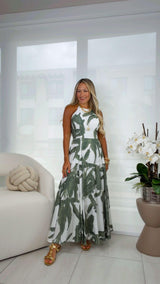 3583 Palm print halter maxi dress