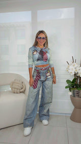 2466 Printed mesh top and pants set