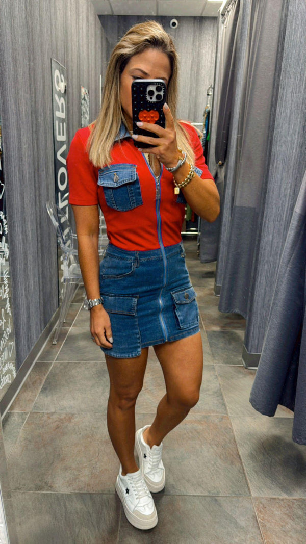 4625 Contrast denim mini dress with zipper