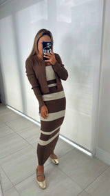 6142 Stripe midi dress with solid cardigan set