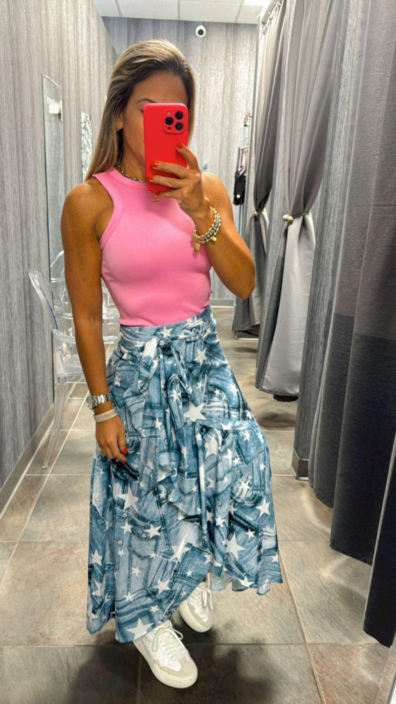 1050 Denim stars print wrap skirt