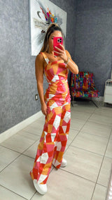 8255 Printed twill jumpsuit with straight neckline