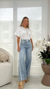 9358 Lace stitching jeans pants