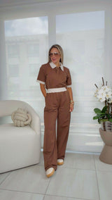 4003 Contrast polka dot detail top and pants set