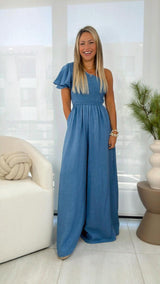 7265 One shoulder smocked top woven jumpsuit