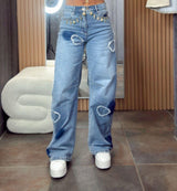 0593 Hearts print denim barrel pants