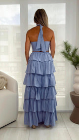 6054 Halter neck ruffle long dress