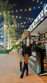 7103 Contrast leather and denim jacket
