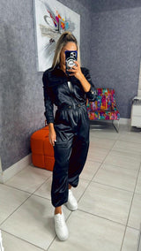 5124 Satin long sleeve zipper pocket jumpsuit