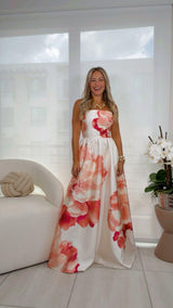 3041 Printed woven strapless maxi dress