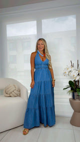 2149 Denim midi dress with halter neck
