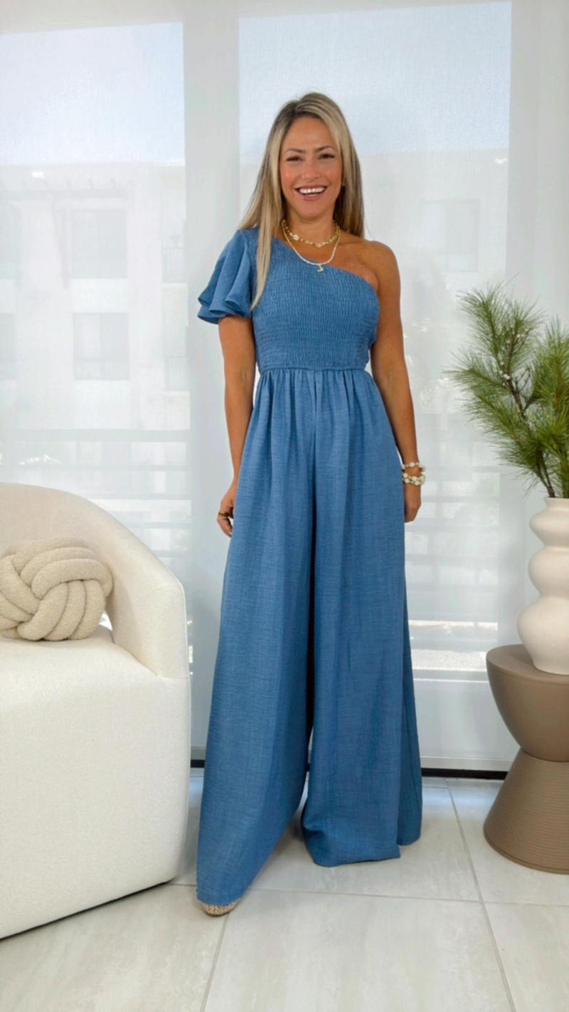 7265 One shoulder smocked top woven jumpsuit