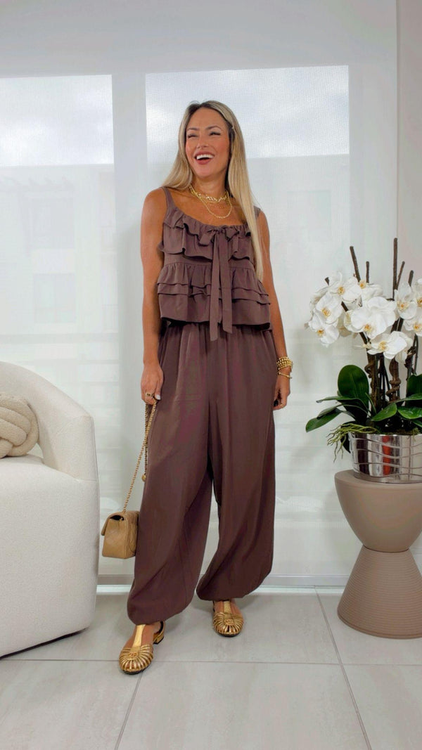 8678 Tieres ruffle bow top and pants set