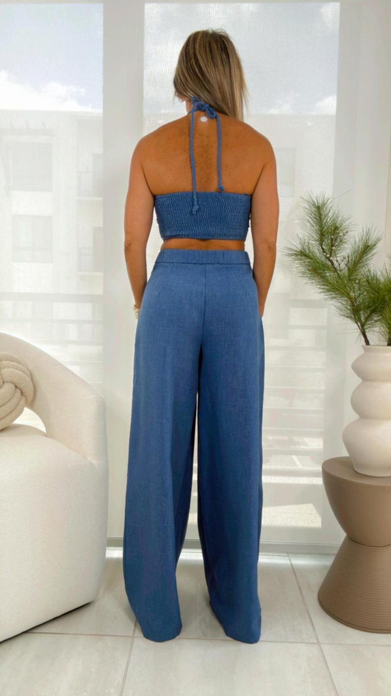 2261 Halter neck knotted rope detail top and pants set