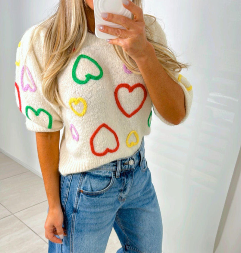5722 Knit hearts short sleeve sweater