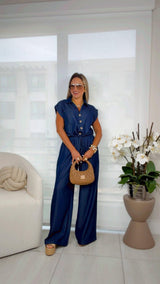 9742 Button down top and wide pants set