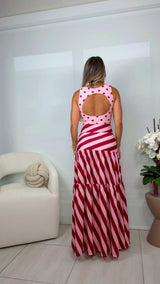 1504 Polka dot body and striped maxi skirt set Kiut