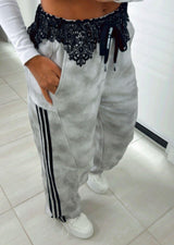 8012 Tie dye pants with lace detail at the waist