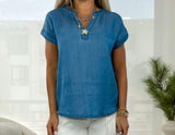 2406 Chambray split neck short sleeve blouse