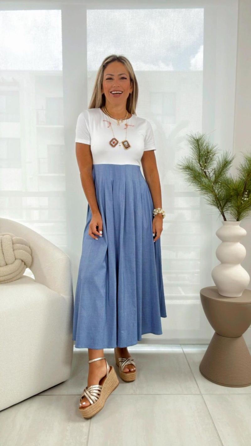 6760 Pleated denim midi dress