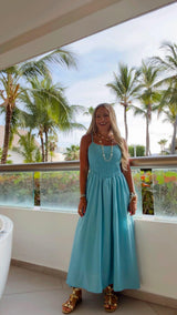 2956 Smocked basque waist midi dress