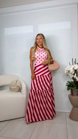 1504 Polka dot body and striped maxi skirt set Kiut