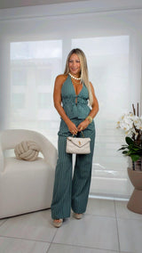 5856 Stripe shirring top and pants set
