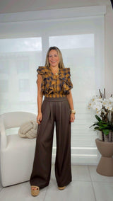 6168 Tartan plaid top and wide leg pants set