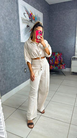 0974 Button down top & high waisted pant set