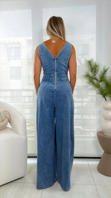 1623 Washed denim jumpsuit with wide neckline