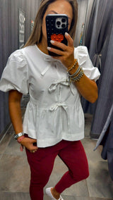 2803 Poplin front bow tie peplum blouse