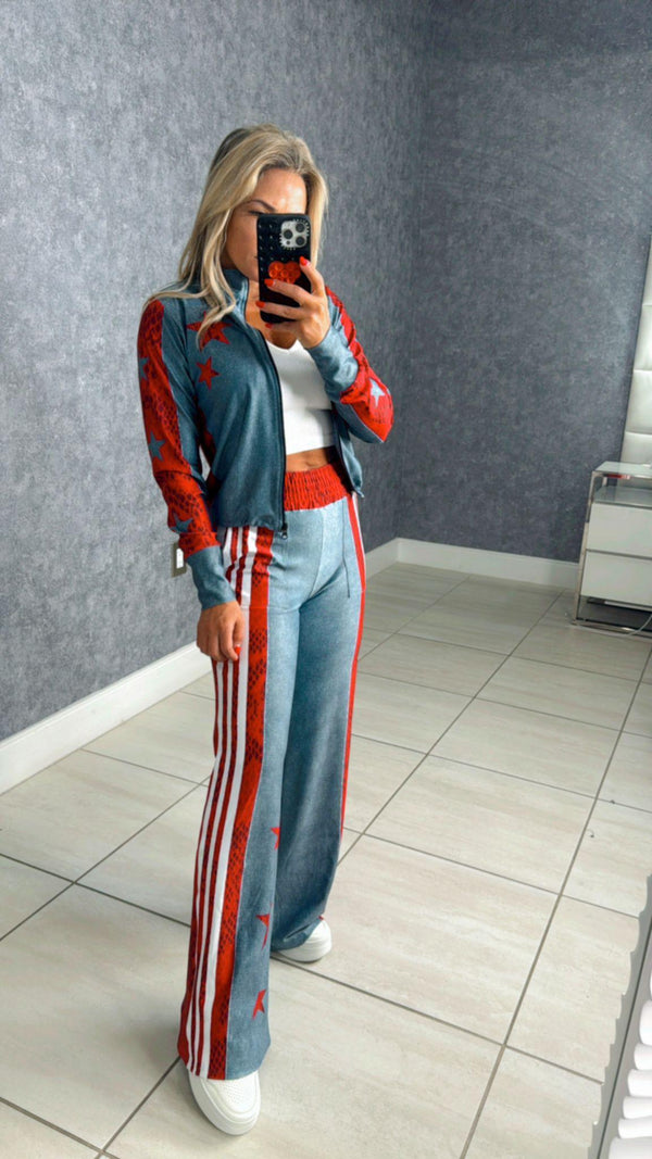 1163 Star red print jacket and pant set