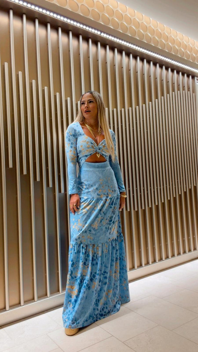 1765 Denim leopard print long sleeve maxi dress Kiut