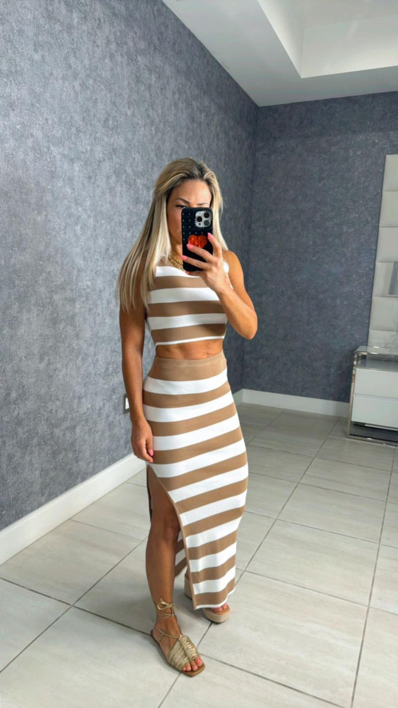 3285 Striped side slit maxi skirt set