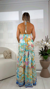 3355 Printed halter tie maxi dress
