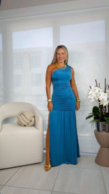 0077 One shoulder ruched long dress