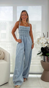 1057 Denim bubble pants tube jumpsuit