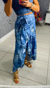 1050 Print denim wrap skirt with flounce