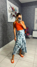 1050 Print denim wrap skirt with flounce