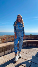 1702 Denim Leopard long sleeve top and jogger set KIUT
