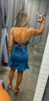 1208 Denim mini dress ruffled hemline