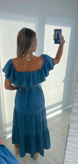 0581 Denim dress off shoulder neckline