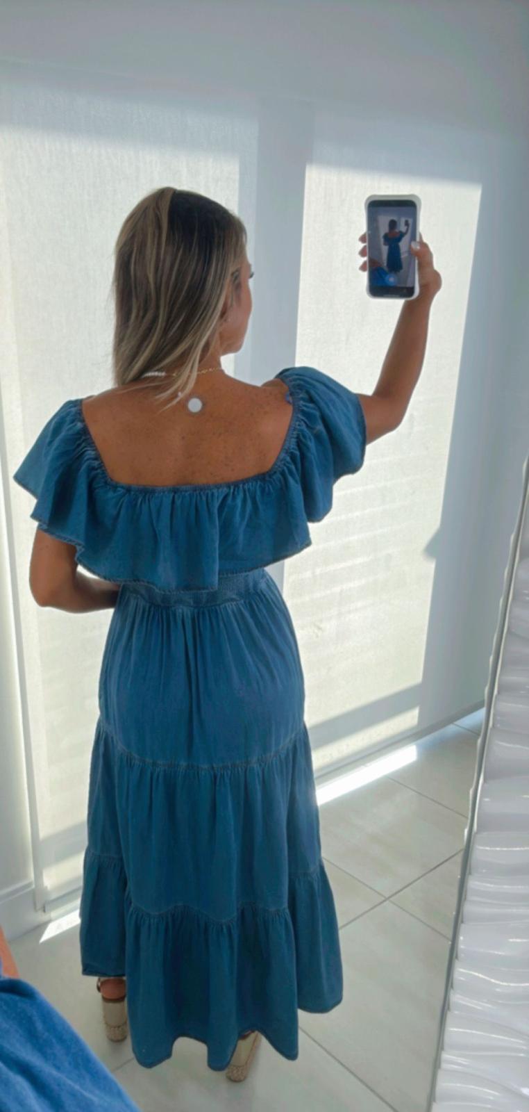 0581 Denim dress off shoulder neckline