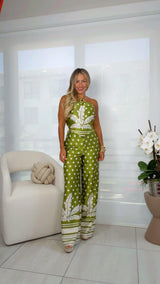 7284 Border printed halter top and pants set