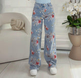 1738 Embroidery flower denim pants