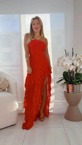 5214 Strapless ruffled maxi dress