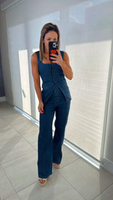 6026 Denim square neck top and high rise pants set