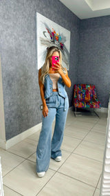 3556 Denim vest and wide leg pant set