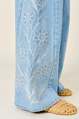 6045 Side embroidered wide denim pants